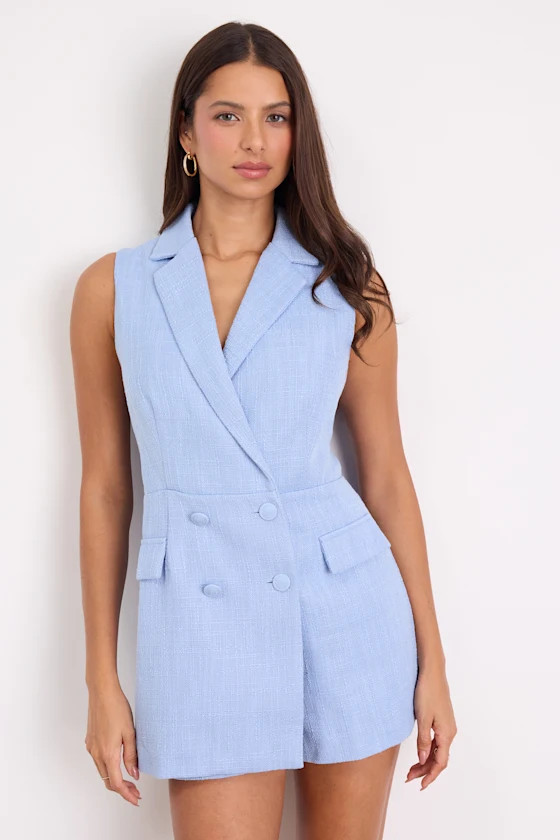 Paris Light Blue Tweed Collared Romper | Lulus