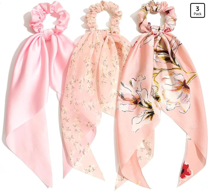 3PCS Pink Hair Scarf Scrunchies for Women Hair Ties with Bow Elastic Hair Bands Satin Scrunchies ... | Amazon (US)