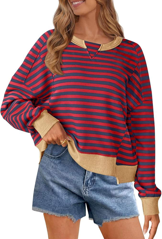 MEROKEETY Women's Striped Color Block Cropped Sweatshirts Oversized Crewneck Long Sleeve Sweater ... | Amazon (US)