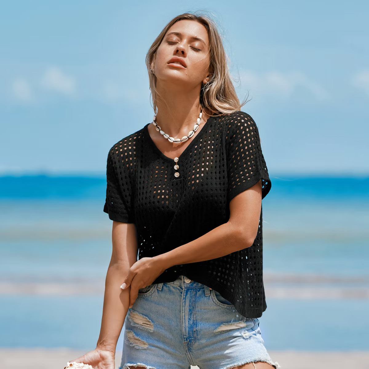 Women's Crochet V-Neck Cover-Up Top - Cupshe-M-Black | Target