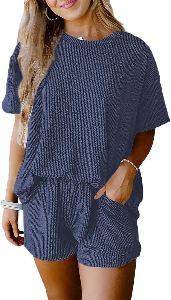 SHEWIN Two 2 Piece Sets for Women Short Sleeve Shirts High Waisted Shorts with Pockets Pajamas Lo... | Amazon (US)