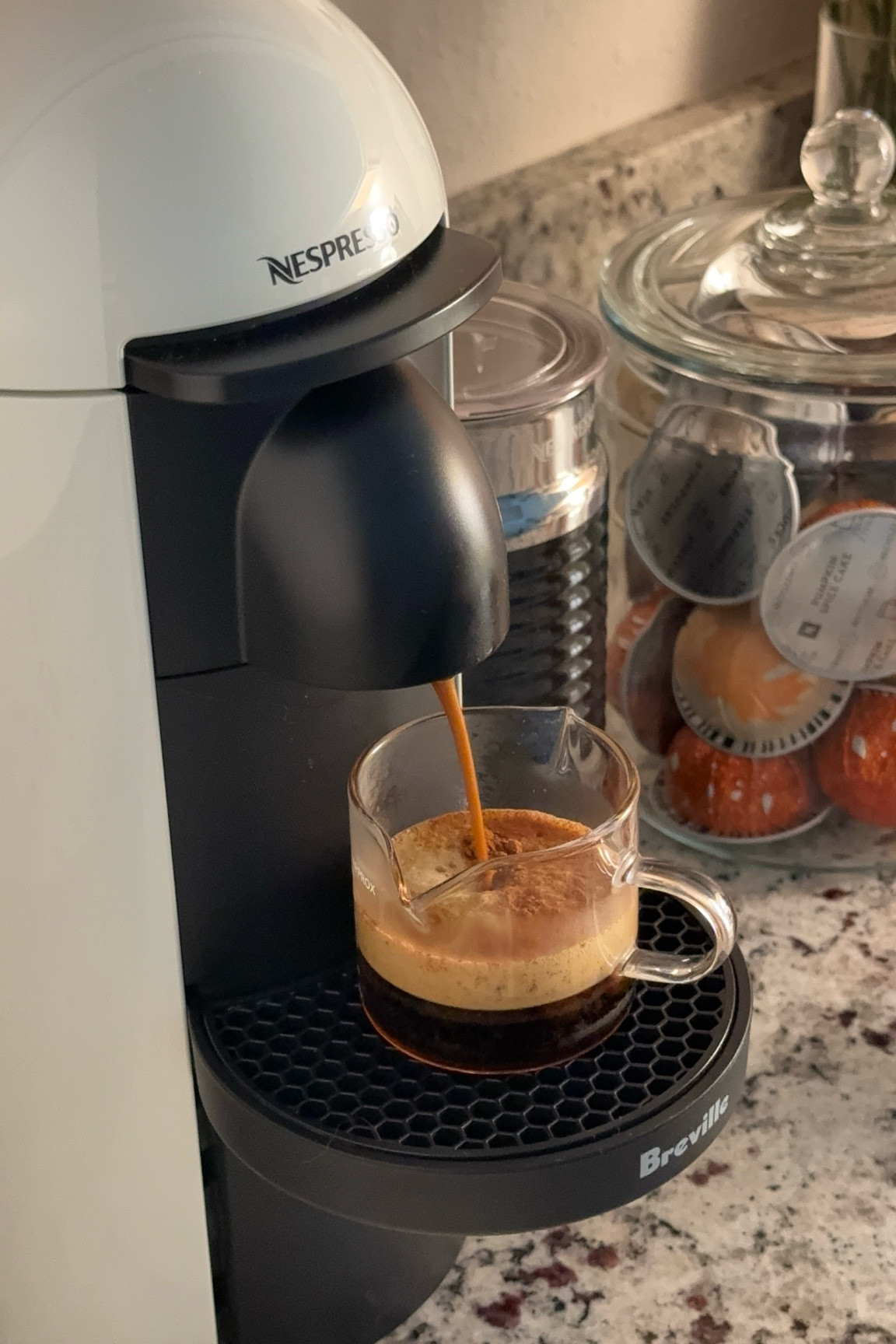 making my own coffee at home has saved me so much money, time, & genuinely brings me so much happiness. ☕️🫶🏼 linked my exact Nespresso & the espresso shot glass. 
