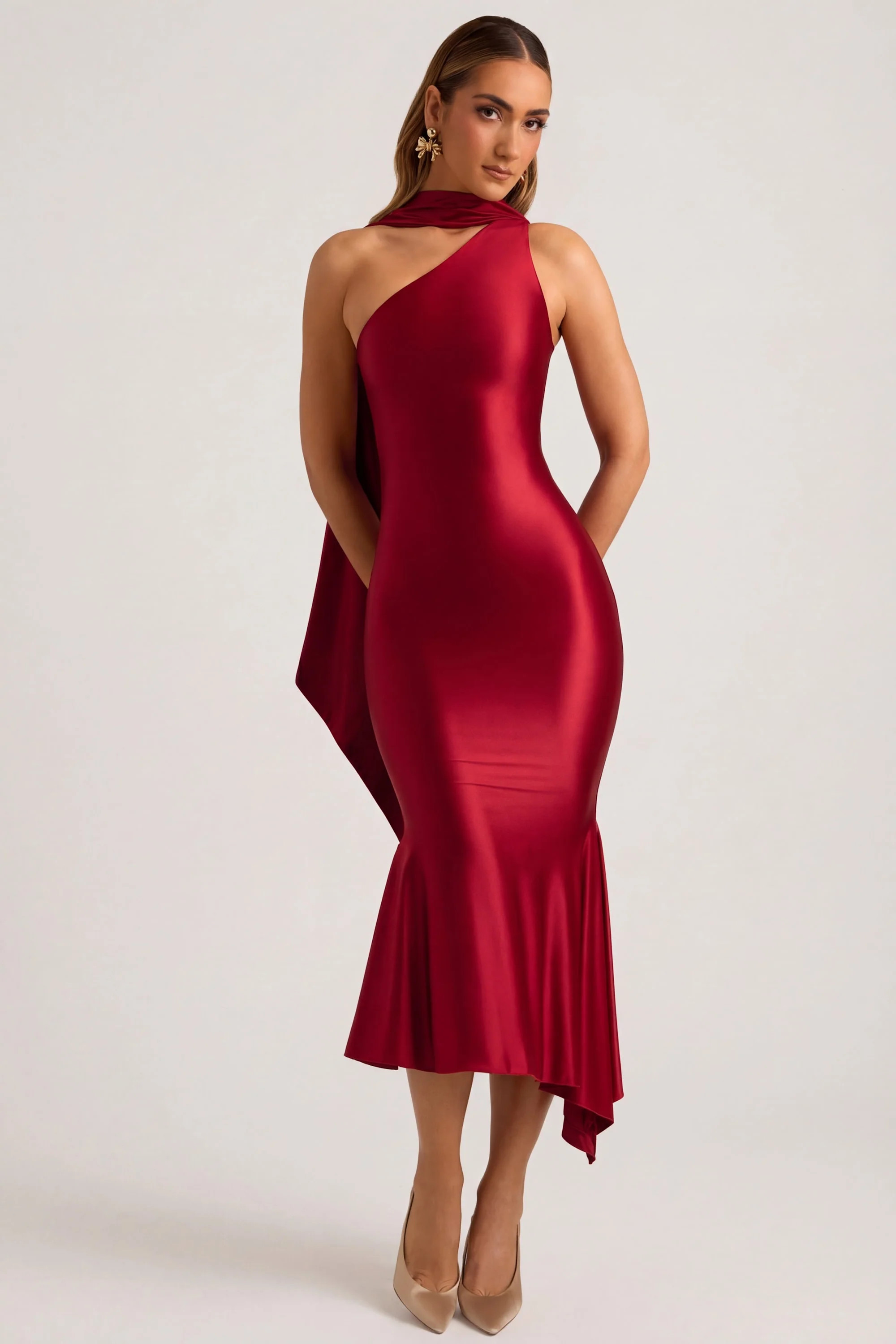 Asymmetric Scarf-Detail Midaxi Dress in True Red | Oh Polly