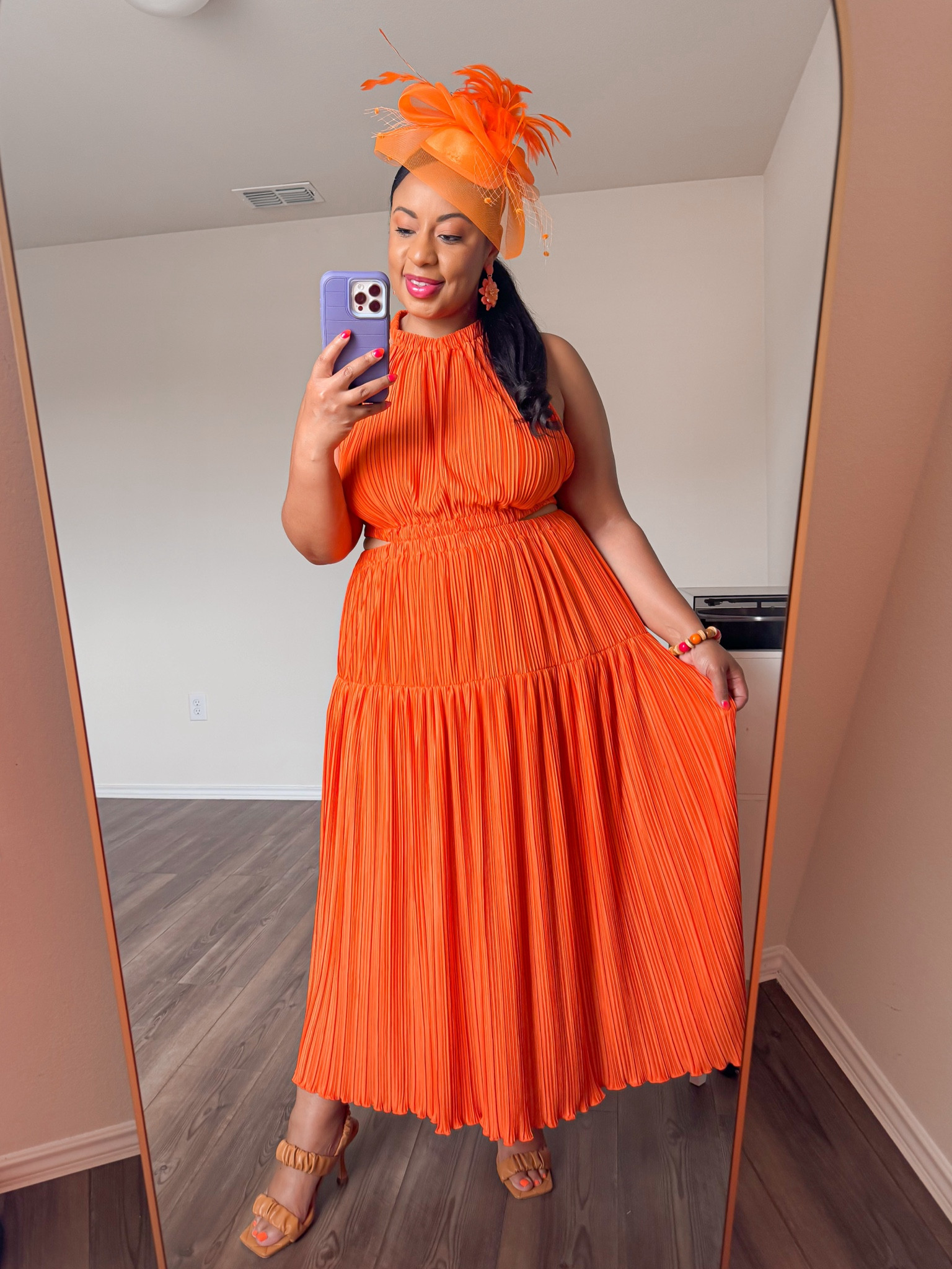 Orange pleated halter maxi dress, derby dress, Kentucky Derby, Fascinator

#LTKmidsize #LTKsalealert #LTKparties