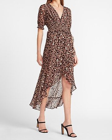 Metallic Leopard Smocked Waist Midi Dress | Express