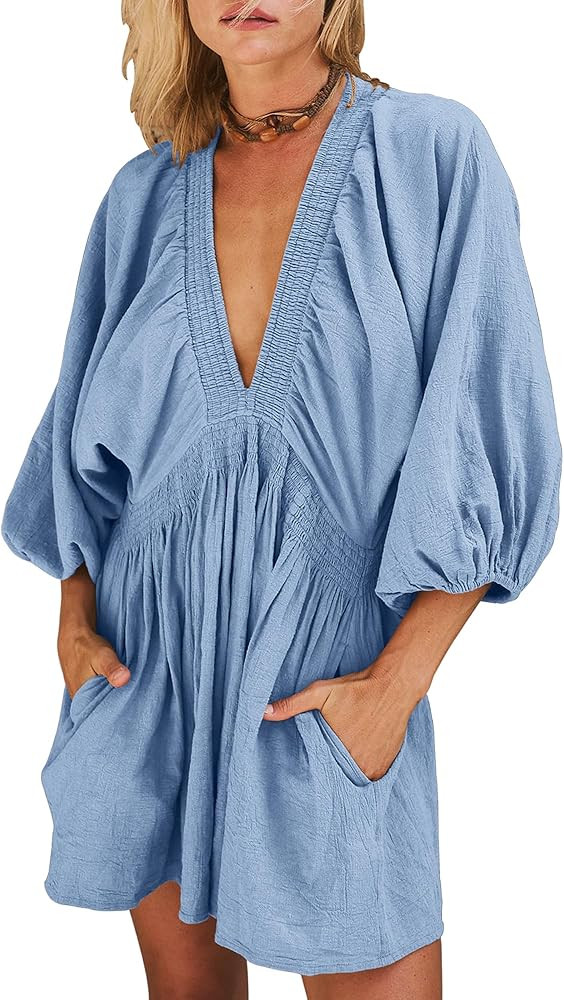 Gacaky Womens Mini Dress Long Puff Sleeve Sexy V Neck Flowy Swing Shift Dresses Elastic Waist A-L... | Amazon (US)