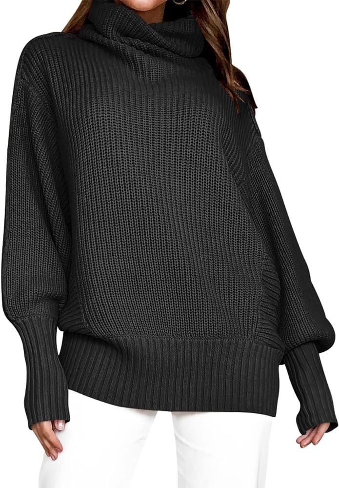 ANRABESS Women Turtleneck Batwing Sleeve High Low Hem Side Slit Waffle Knit Casual Loose Oversized S | Amazon (CA)