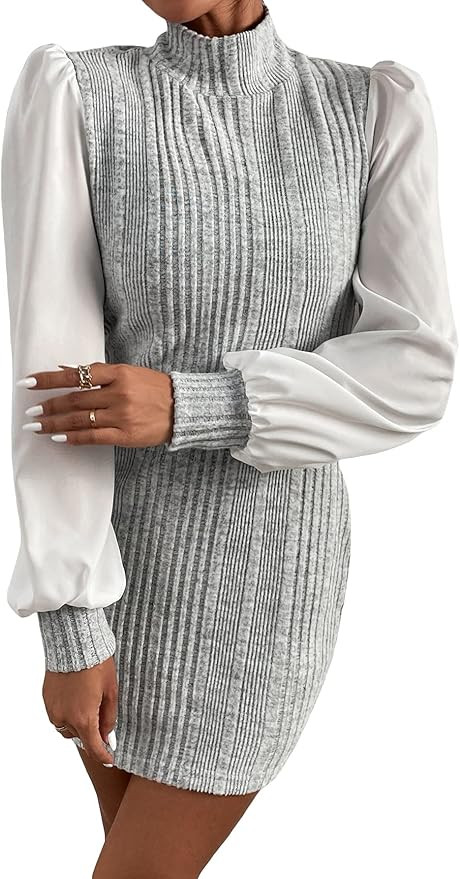 OYOANGLE Women's Color Block Long Bishop Sleeve Mock Neck Ribbed Knit Short Dress | Amazon (US)
