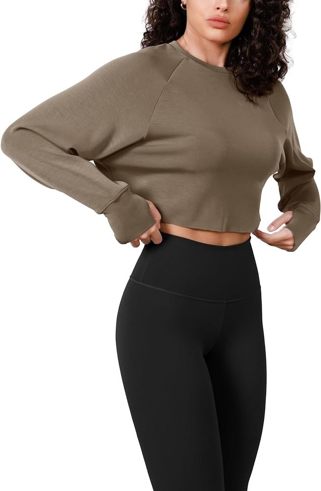 ODODOS Modal Soft Long Sleeve Cropped Sweatshirts with Thumb Hole for Women Crew Neck Pullover Cr... | Amazon (US)
