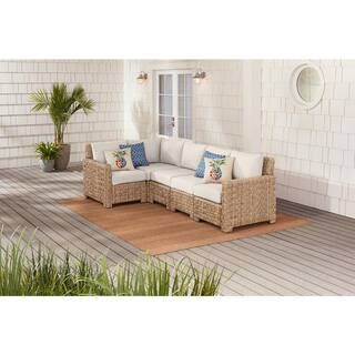 Hampton Bay Laguna Point 5-Piece Natural Tan Wicker Outdoor Patio Sectional Sofa with CushionGuar... | The Home Depot