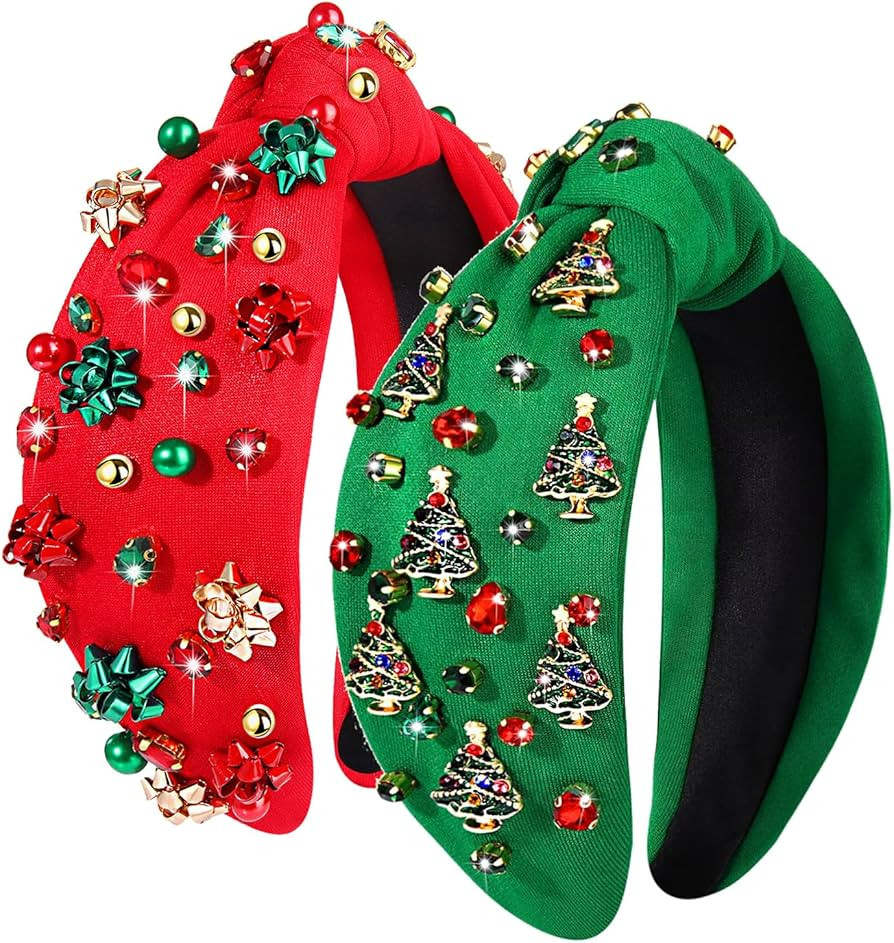 2PCS Christmas Headband for Women Xmas Bow Tree Knotted Headband Red Green Crystal Pearl Jeweled ... | Amazon (US)