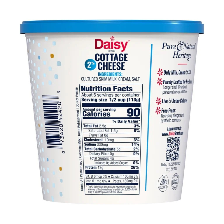 Daisy Pure and Natural Low Fat Cottage Cheese, 2% Milkfat, 24 oz (1.5 lb) Tub (Refrigerated) – ... | Walmart (US)