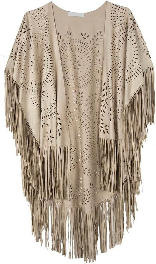 PERSUN Women's Faux Suede Kimono Cape Fringed Asymmetric Cover up Shawl Beige | Amazon (US)