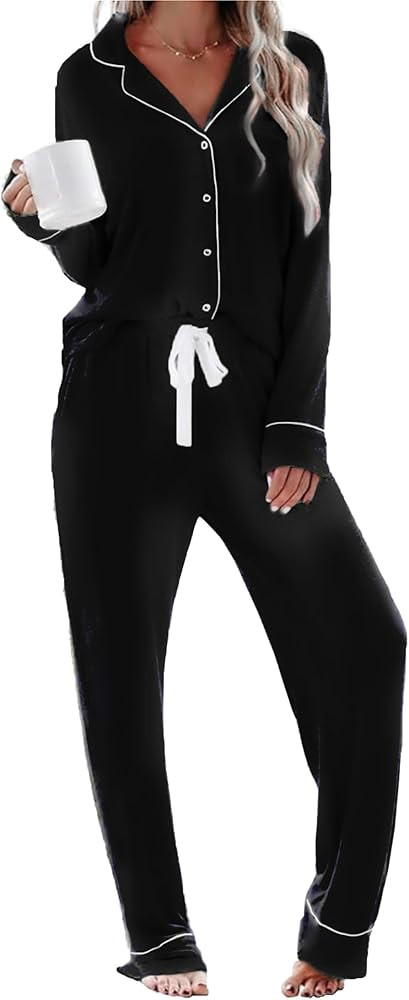 Pajamas For Women Set 2 Piece Pjs Set Long Sleeve Button Up Lounge Set Sleep Wear With Pockets | Amazon (US)