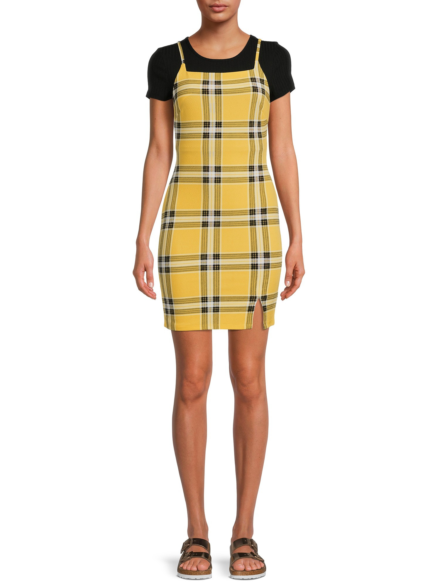 No Boundaries Juniors' Plaid Dress and Ribbed T-Shirt, 2-Piece Set | Walmart (US)