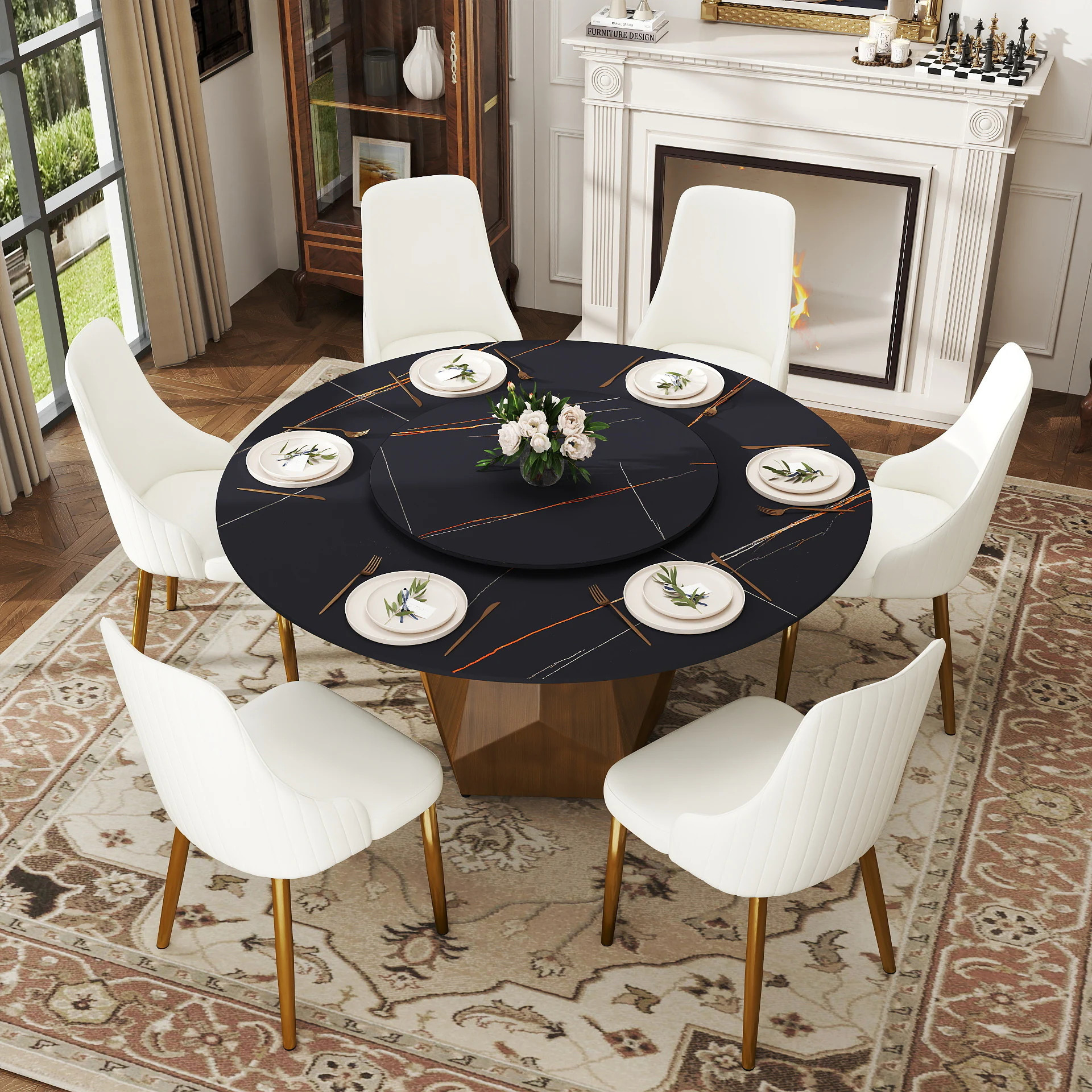 BuotiqHom 59 in. Black Round Contemporary/Modern Ceramic Dining Table, with Primed Finish and Metal Pedestal Base 59-in L x 29.5-in H Rubber | Lowe's