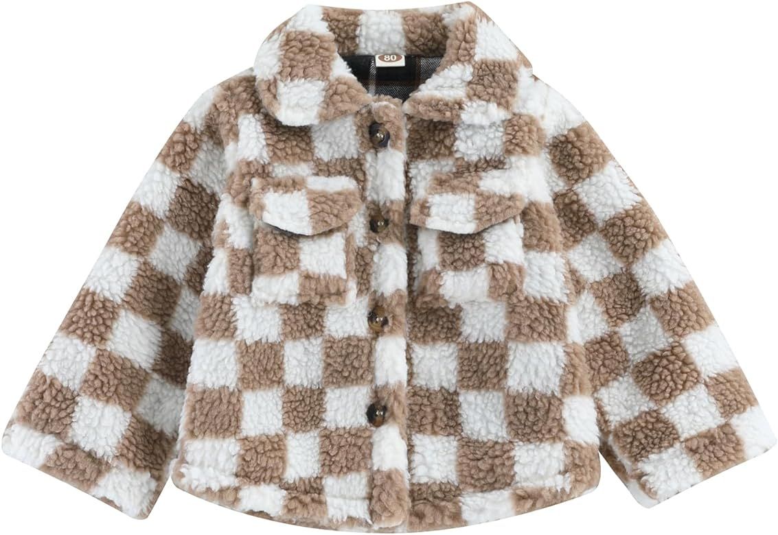 XYWAXFF Toddler Girls Winter Fleece Jacket Checkerboard Lapel Button Down Chest Pocket Sherpa Coa... | Amazon (US)
