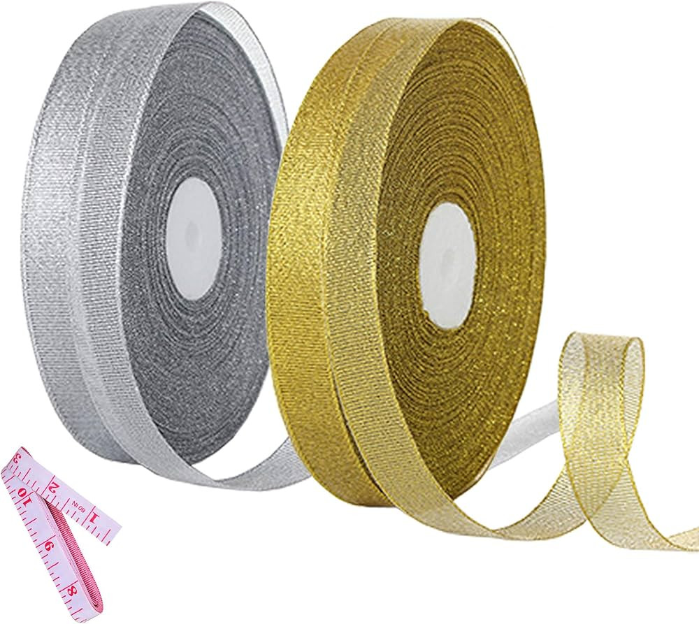 2 Rolls 50 Yards Width Metallic Glitter Ribbons 5/8 Inch Sparkly Fabric Wide Ribbon for Gift Wrap... | Amazon (US)