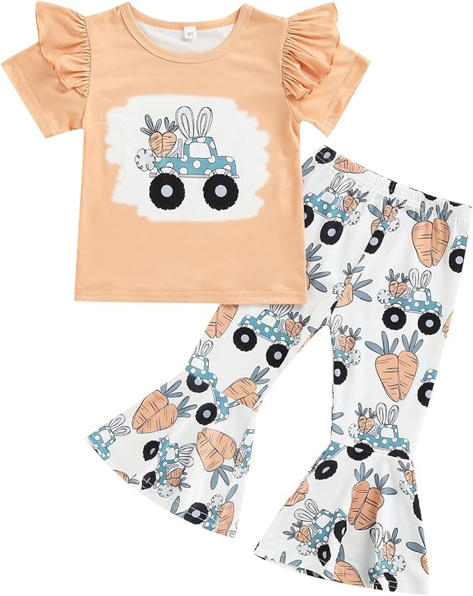 Toddler Kid Baby Girls Easter Outfits Short Sleeve Bunny T-Shirt Tops Flared Pants Summer Clothes... | Amazon (US)