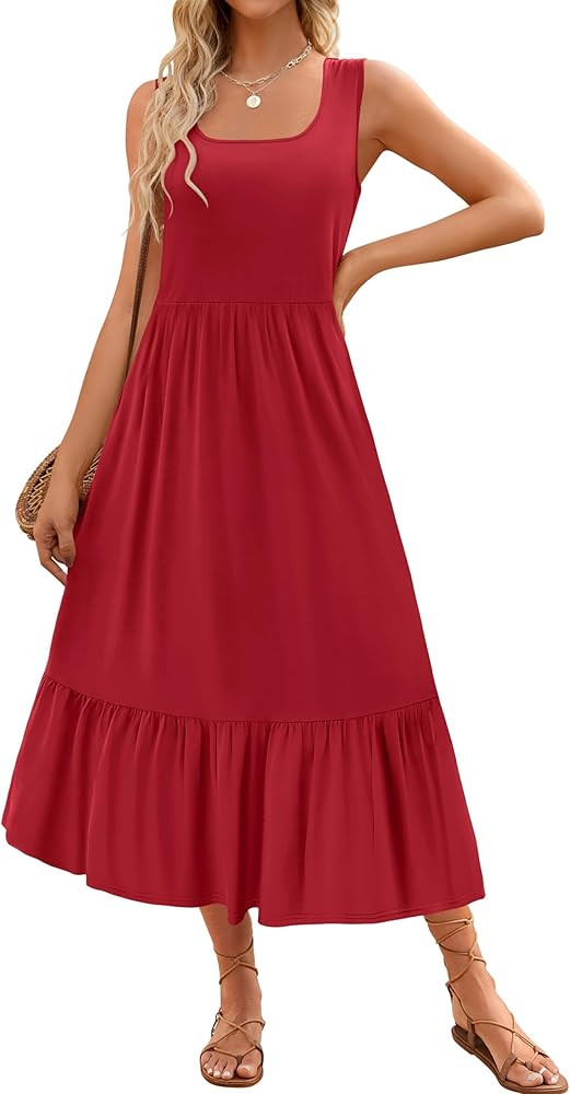 ZESICA Women's 2024 Summer Sleeveless Dress Square Neck Pleated Tiered Swing Casual Maxi Dresses ... | Amazon (US)
