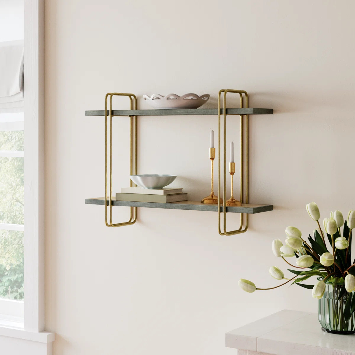 Doncia Two-Tier Warm Gold And Washed Oak Brown Metal Hanging Bracket Wall Mounted Shelf | Wayfair North America