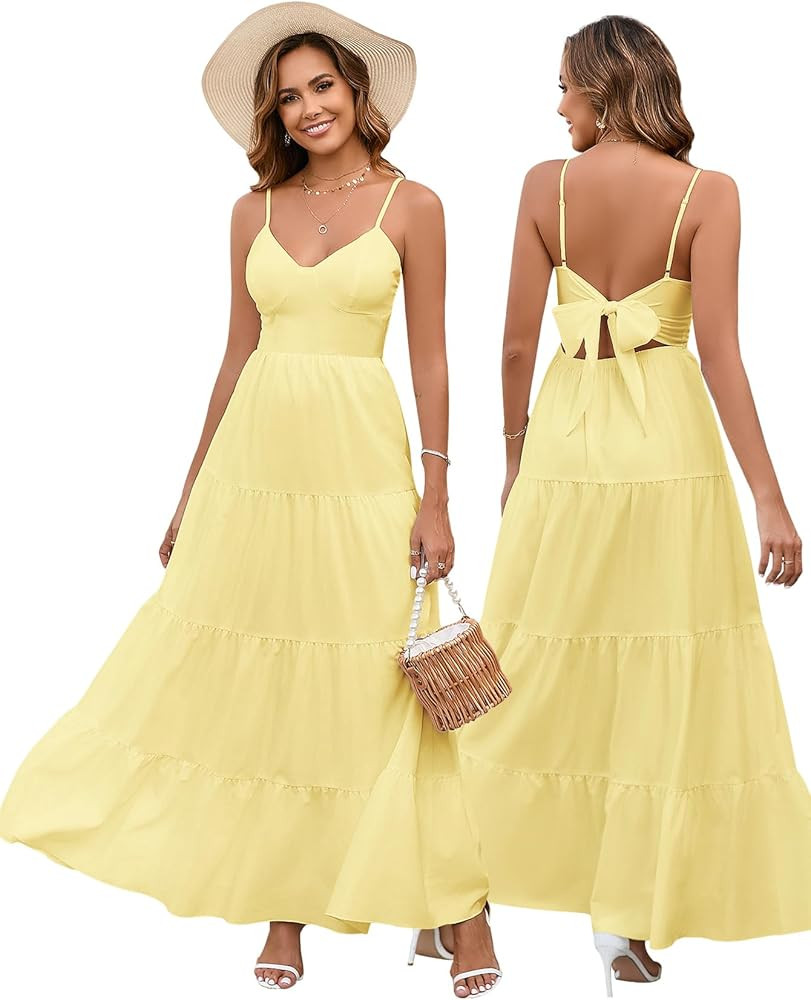 HTZMO Women Casual Summer Floral Maxi Sundress V Neck Spaghetti Strap Bow Tie Backless Flowy Boho... | Amazon (US)