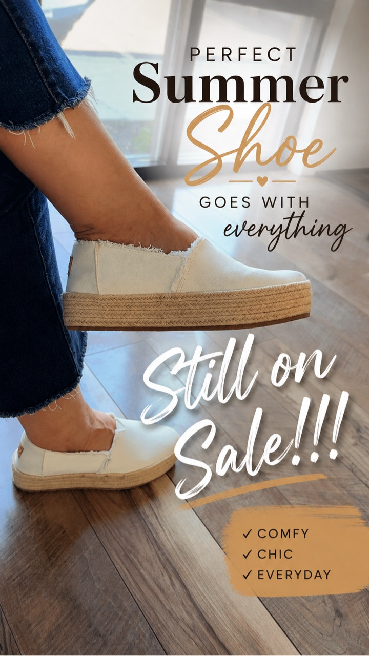 If you’re looking for a comfortable shoe that still looks polished, this is one of my favorite summer finds. 🤍 These white espadrille slip-ons are lightweight, easy to style, and pair with everything from jeans and shorts to dresses and linen pants.

The best part? They’re still on sale! 🙌🏻 If you’ve been waiting to grab them, now is the perfect time. They have the look of a designer shoe but are comfortable enough to wear all day.

I love finding pieces that help women over 50 build a timeless wardrobe without sacrificing comfort—and these are definitely one of those shoes.
Toms, shoes, summer shoe, shoes on sale , platform shoes, comfortable shoes
