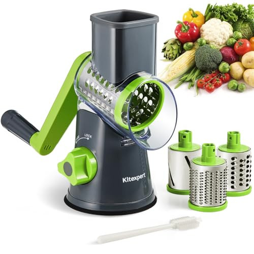 KITEXPERT Cheese Grater with Handle, Rotary Cheese Grater with 3 Interchangeable Blades, Cheese Shredder Handheld with Strong Suction Base, Vegetable Slicer for Fruit, Nuts, Chocolate(Grey) | Amazon (US)
