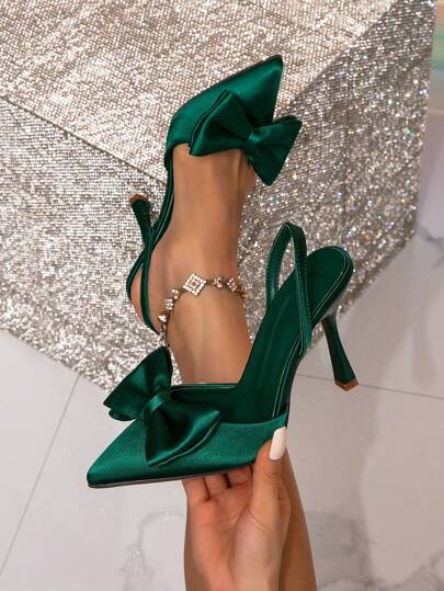 Women's Fashion Green Pointed Toe Slingback Stiletto High Heeled Shoes Pumps With Bowknot, Ideal ... | SHEIN