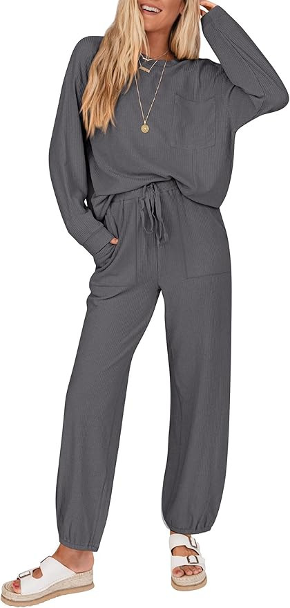 KIRUNDO Fall 2 Piece Lounge Sets for Women Long Sleeve Ribbed Knit Tops Jogger Pants Matching Swe... | Amazon (US)