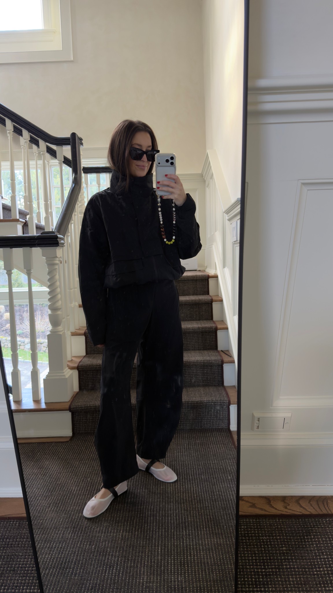 School drop off outfit, errands outfit, technical jacket, ruti pants, Amazon flats, phone chain, somewhere lately outfit 