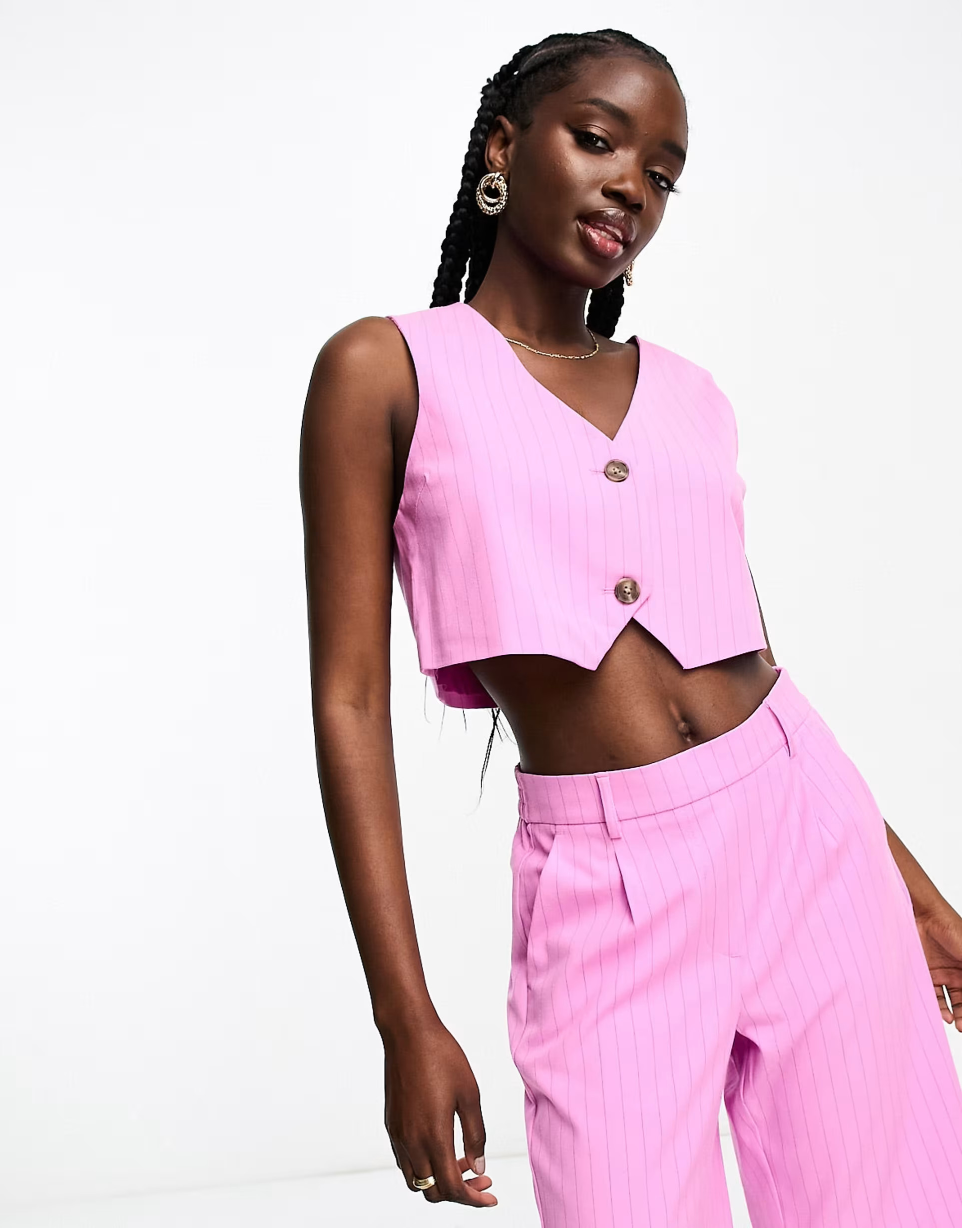 Vero Moda tailored pinstripe cropped waistcoat co-ord in pink | ASOS (Global)