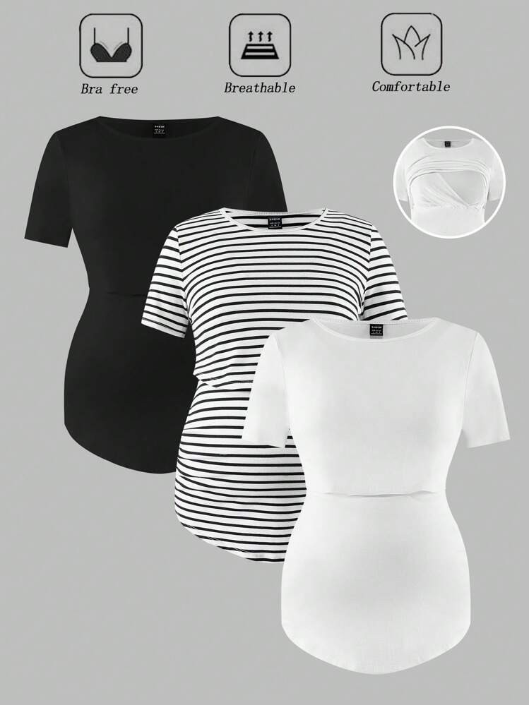 SHEIN Modmama Camiseta de manga corta de cuello redondo ajustada de enfermería informal para muj... | SHEIN