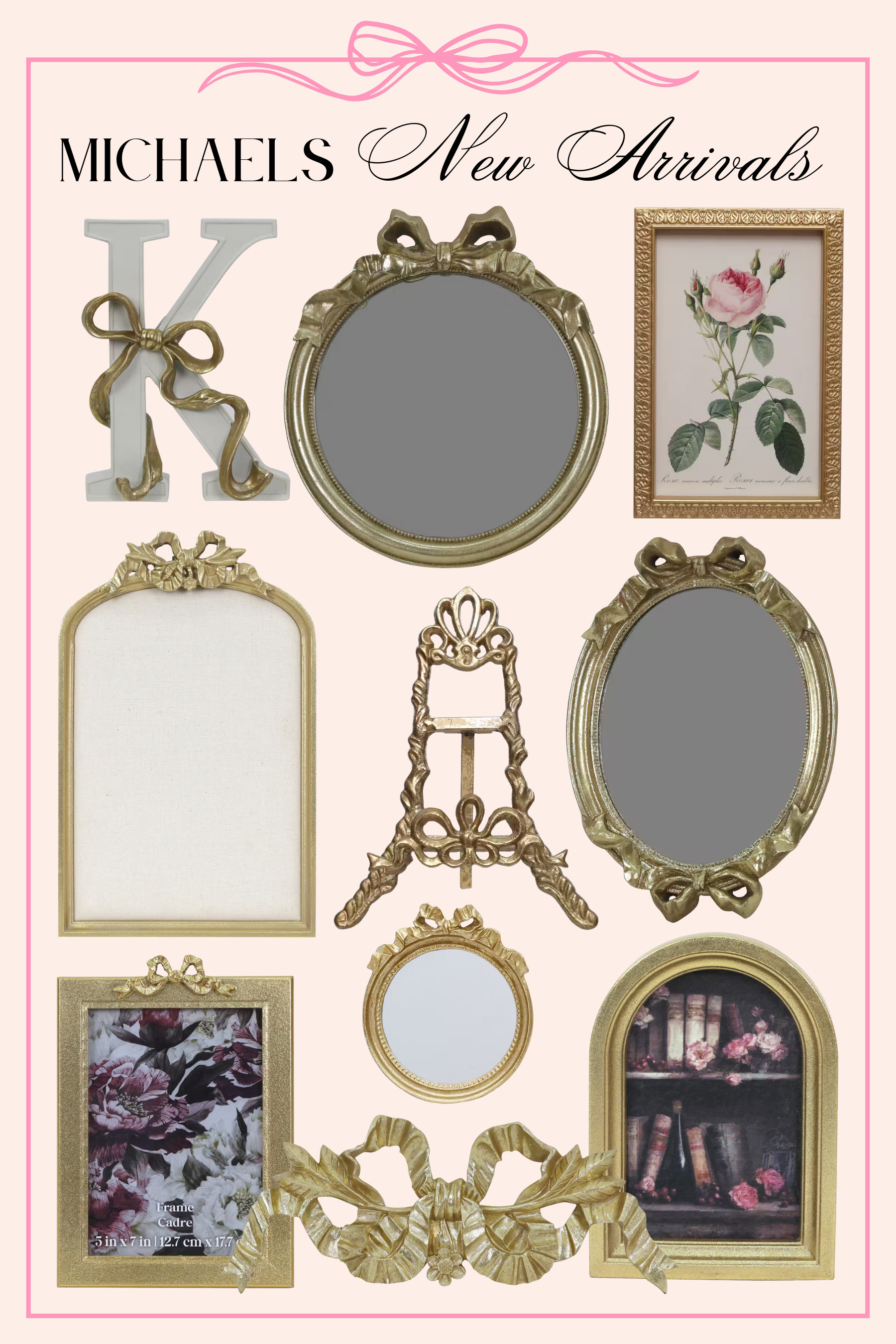 Antique style new arrivals from Michaels and 35% off! LoveShackFancy inspired, gold bow mirror, gold bow frame, gold bow pinboard, gold bow decor 

 #LTKHome #LTKSaleAlert #LTKFindsUnder50
