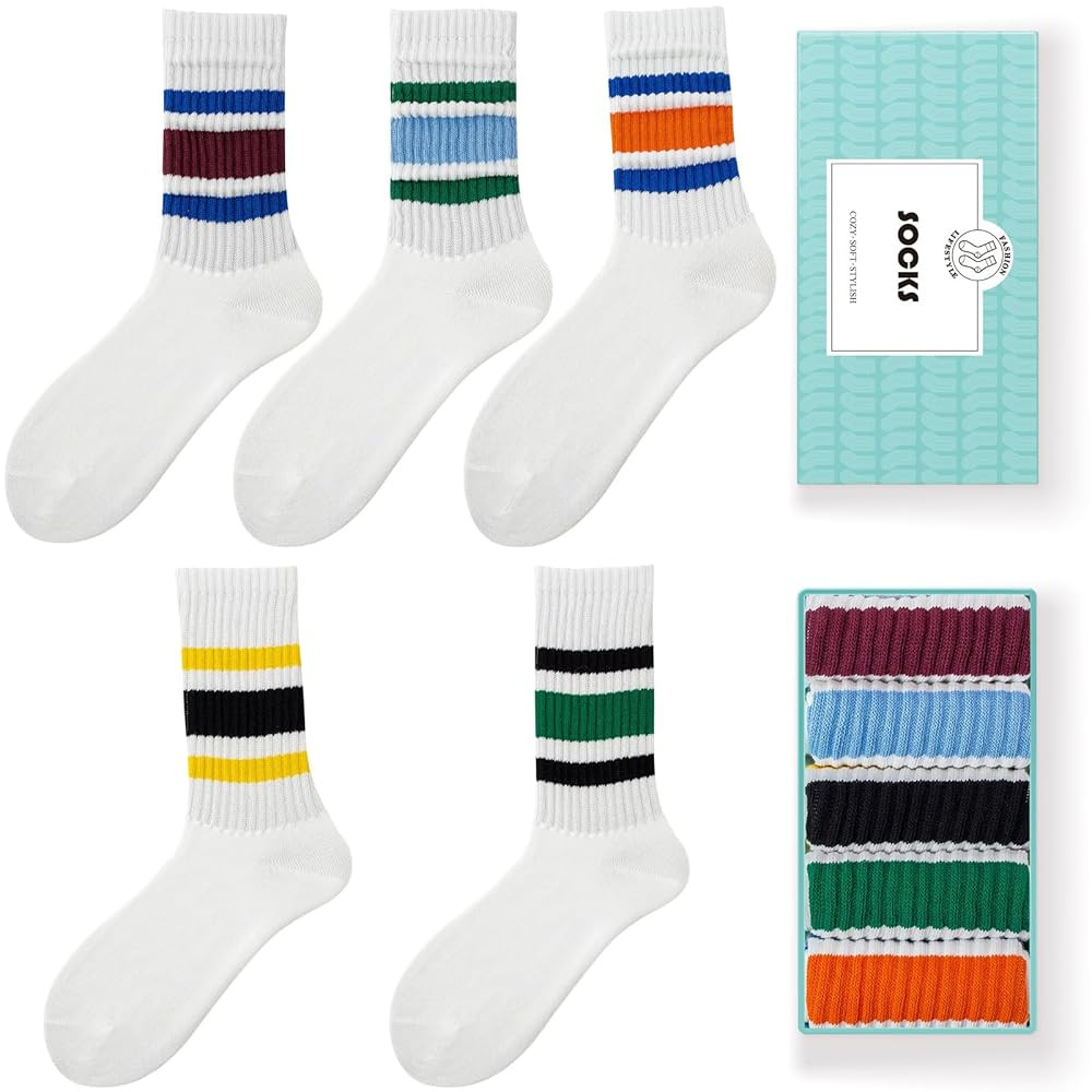 HUGSWEET Striped Retro Crew Breathable Cotton Soft Socks for Women Athletic Casual Thin Novelty S... | Amazon (US)