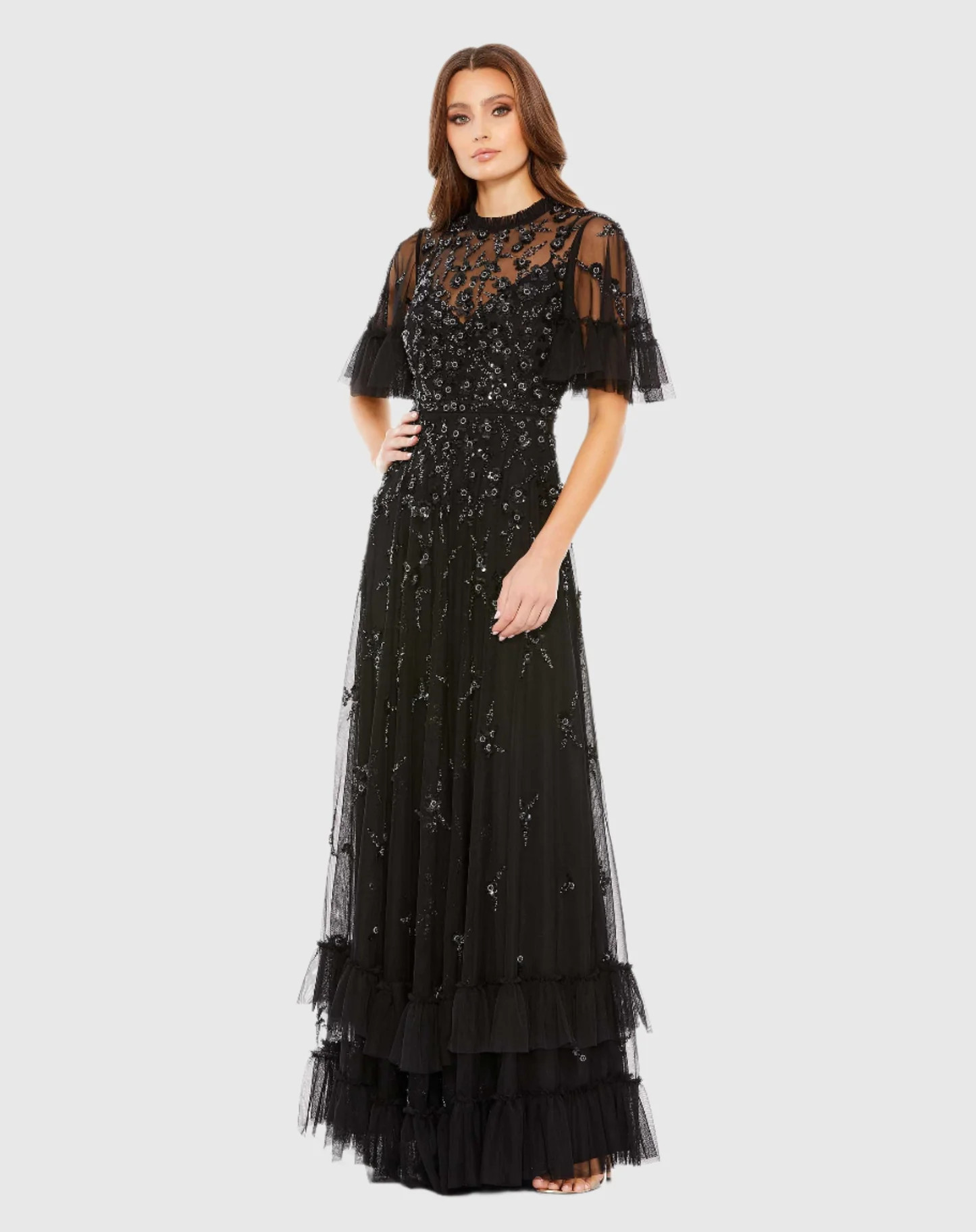 Black Ruffled Floral Embellished Flutter Sleeve A-Line Gown - Mac | Mac Duggal