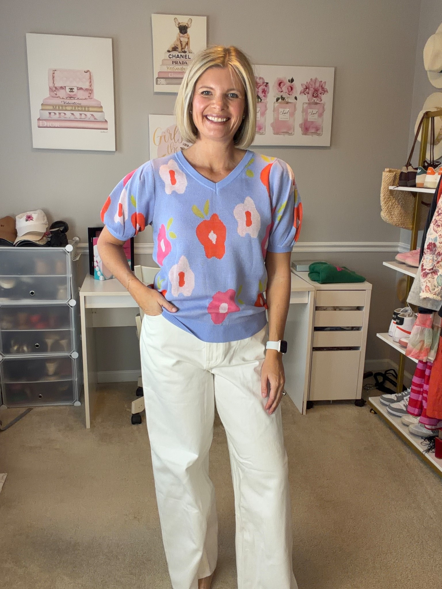 Short sleeve v neck sweater TTS (M)
White wide leg adjustable waist jeans TTS (8)

#LTKOver40 #LTKWorkwear #LTKMidsize