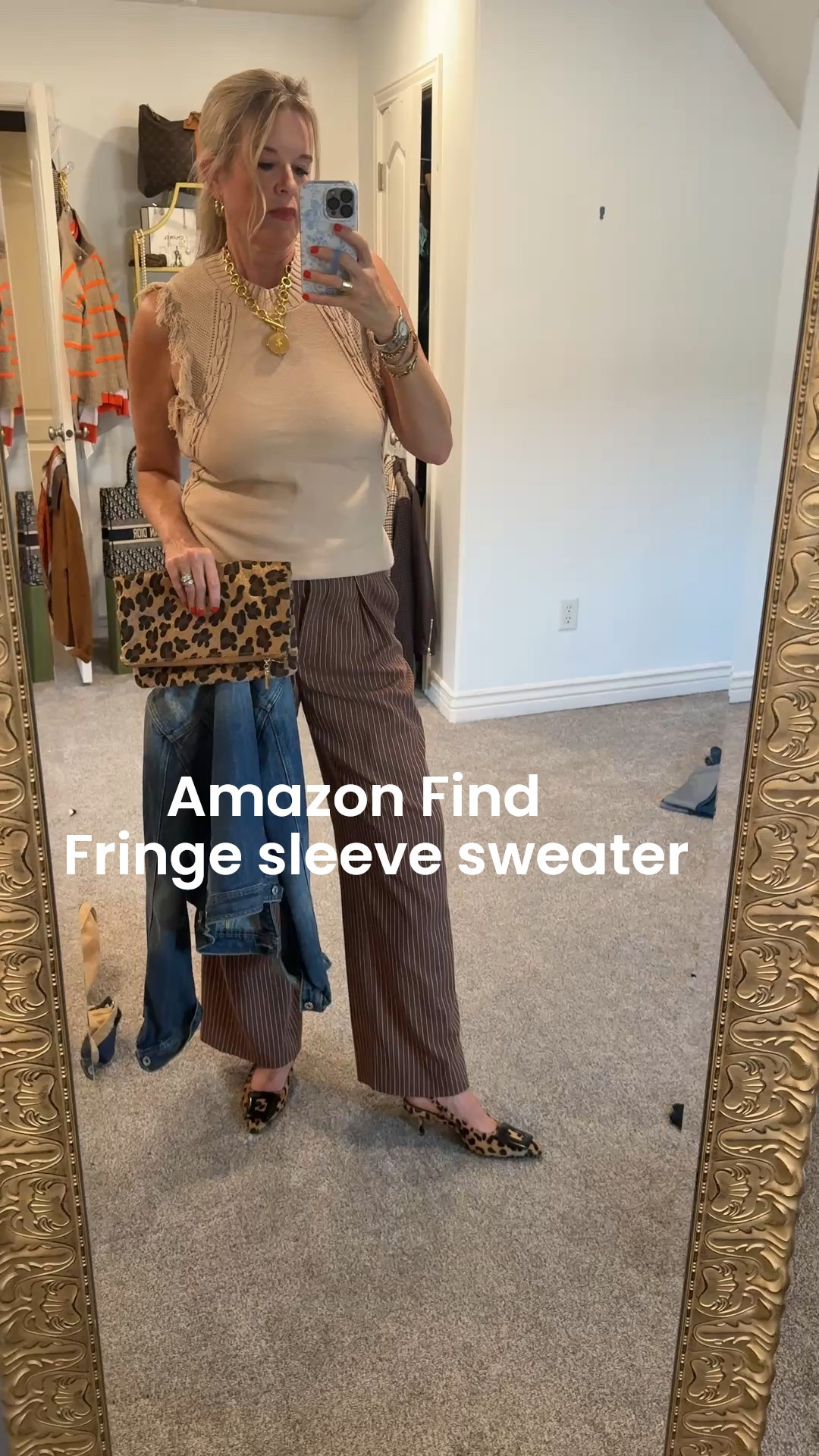 🚨 Affordable Amazon find $19.99

The cutest fringe short sleeve sweater with cable knit trim!
Fits true to size for Amazon (I buy med in Amazon items) $19.99

Pin Stripe  free people pant (last years) but they brought  back a very similar style!
They fit true to size for what you buy in free people (I buy a small in FP)  and these wear long enough for tall girls. I am 5”91/2
If you wear lower on hip
Has pockets

Leopard kitten heel Anthro last season (linked similar) 

Leopard clutch old from Nordstrom (linked similar) 

Jewlery is French Kande 

This is a great pre fall outfit and layer with a jacket in cooler temps! 🍂🍁
I am showing a kit from Kloth denim jacket

Great workwear option too

#LTKWorkwear #LTKStyleTip #LTKFindsUnder50