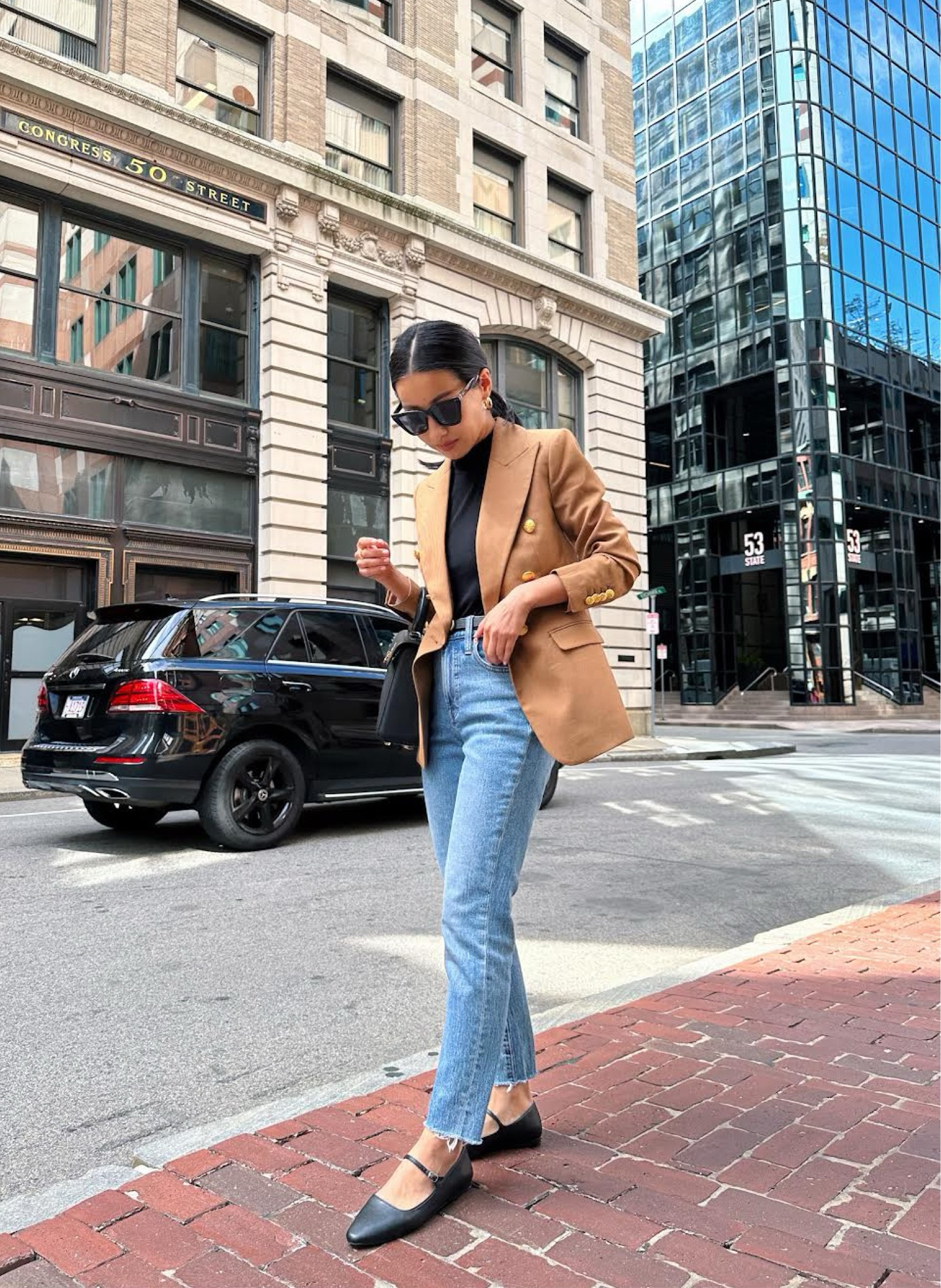 •Banana Republic captain blazer 00P - a great timeless tailored blazer that can be dressed up or down. Perfect fit on me. This is a longer style fit blazer. They also have a similar style at BR factory which I linked. 

•Madewell perfect vintage jeans 24 petite (hems cut) - note that the waist runs a tad big on these, but wasn’t big enough for me to size down. 

•Open Edit Mary Jane flats sz 5.5 worn with a cushioned insert 
•Mockneck is old from Theory, similar linked 
•YSL sunglasses 
•Edited Pieces reversible horse bit belt xxs (available on EditedPieces.com) 
•Cafune bag (not linkable)

#petite fall workwear smart casual work outfit 

#LTKSeasonal