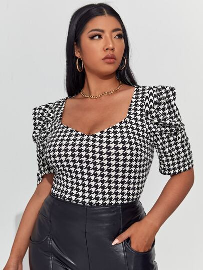 SHEIN Plus Puff Sleeve Houndstooth Top | SHEIN