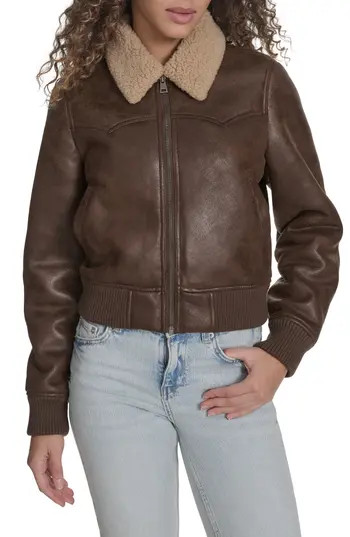 Levi's Faux Shearling Trim Faux Leather Western Bomber Jacket in Coffee at Nordstrom Rack, Size X-Large | Nordstrom Rack