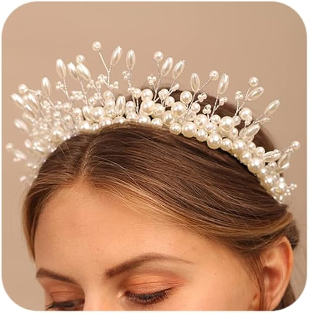 Teyglen Wedding Pearl Beads Headband Tiara Hair Crown Vintage Pearl Hair Pieces Bridal Crown Head... | Amazon (US)