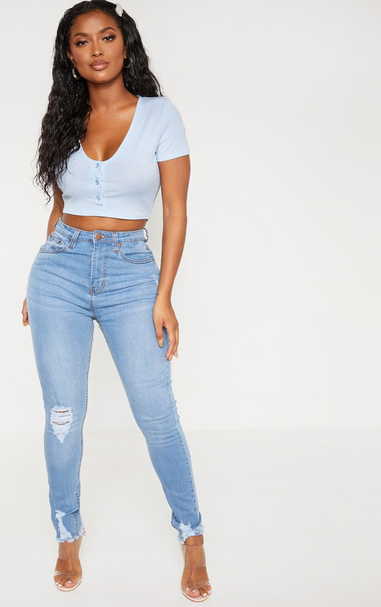 Shape Light Wash High Waisted Ripped Cuff Jeans | PrettyLittleThing US