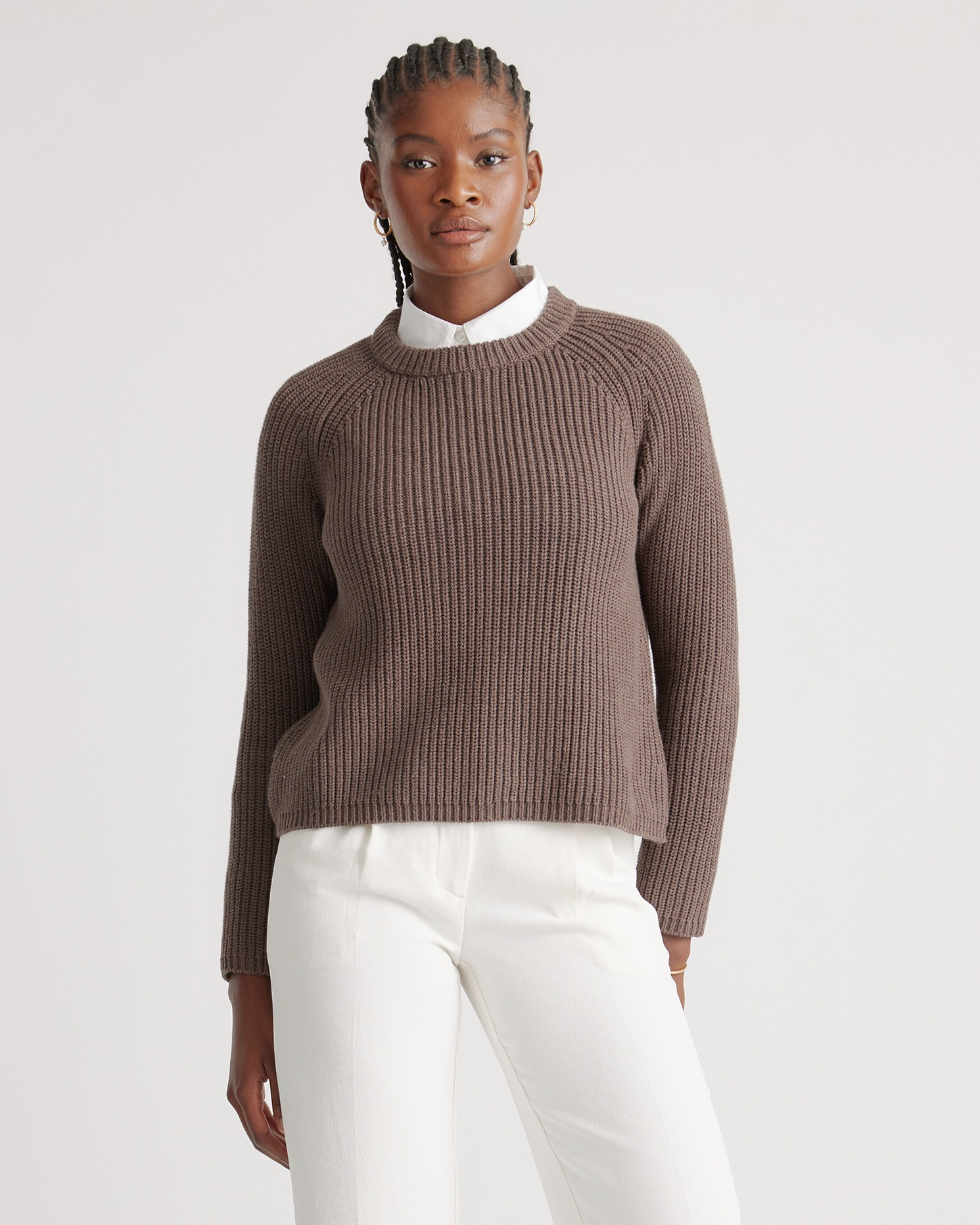 Quince | Women's Fisherman Crew Sweater in Heather Brown, Size XS, Organic Cotton | Quince