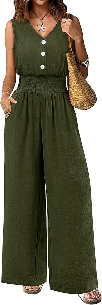 LOOKBOHO Women Dressy Jumpsuits Casual Button Smocked High Waist Sleeveless Wide Leg Rompers V Ne... | Amazon (US)