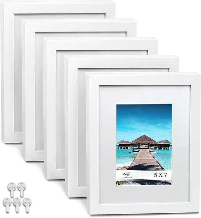 CAVEPOP 8x10 White Picture Frame with Mat Set of 5, Made to Display 8x10” Without Mat, 5x7 with... | Amazon (US)