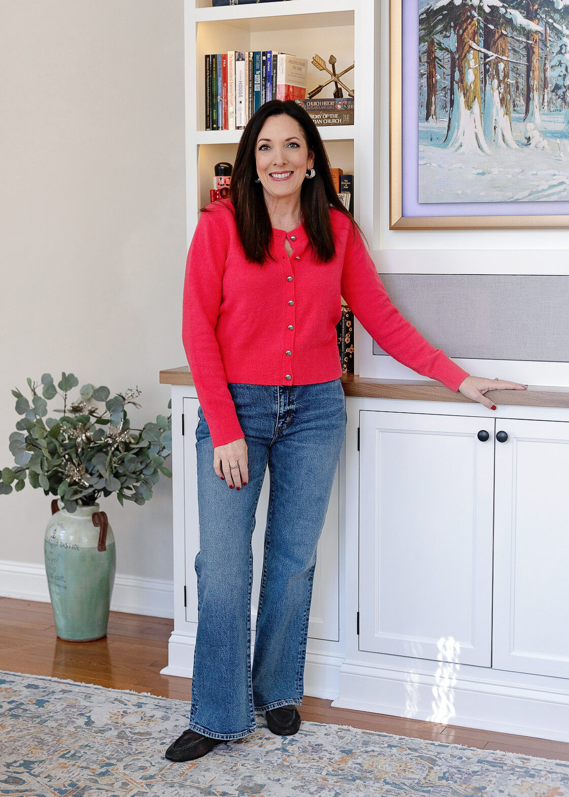 Pop of color, zero effort! Pair a vibrant pink cardigan with straight-leg jeans and black loafers for a simple, stylish look. 

 #LTKOver40 #LTKMidsize
