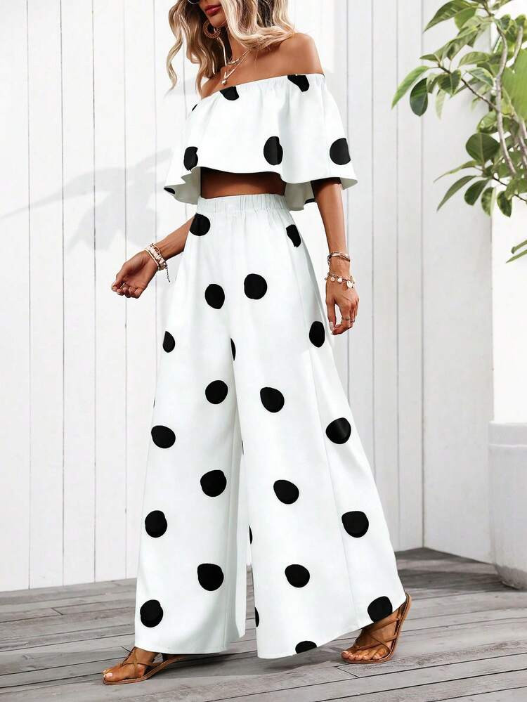 SHEIN Clasi Polka Dot Print Off-Shoulder Top And Pants Two Pieces Set (Floral Pattern Asymmetrica... | SHEIN