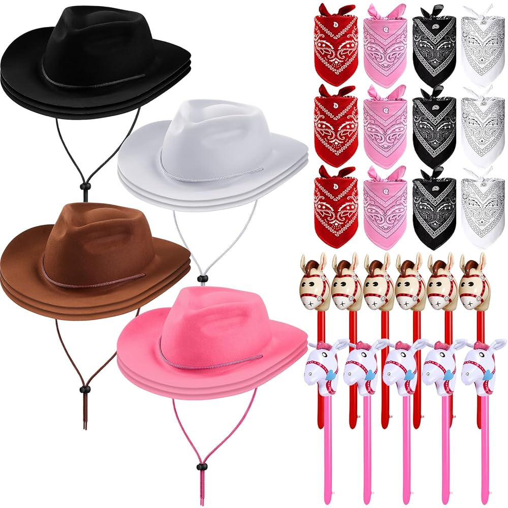 Xtinmee 36 Pcs Cowboy Party Costume Set, Farm Cowboy Hats Paisley Bandanas Inflatable Stick Horse... | Amazon (US)