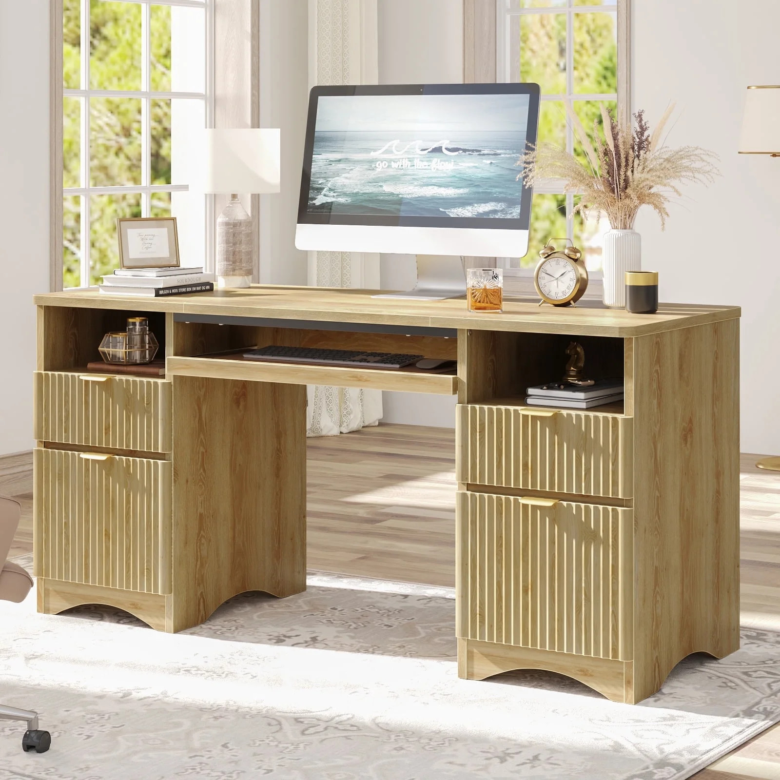 Bestier 59" Computer Home Office PC Desk with Keyboard Tray and Storage Drawers, Log | Walmart (US)